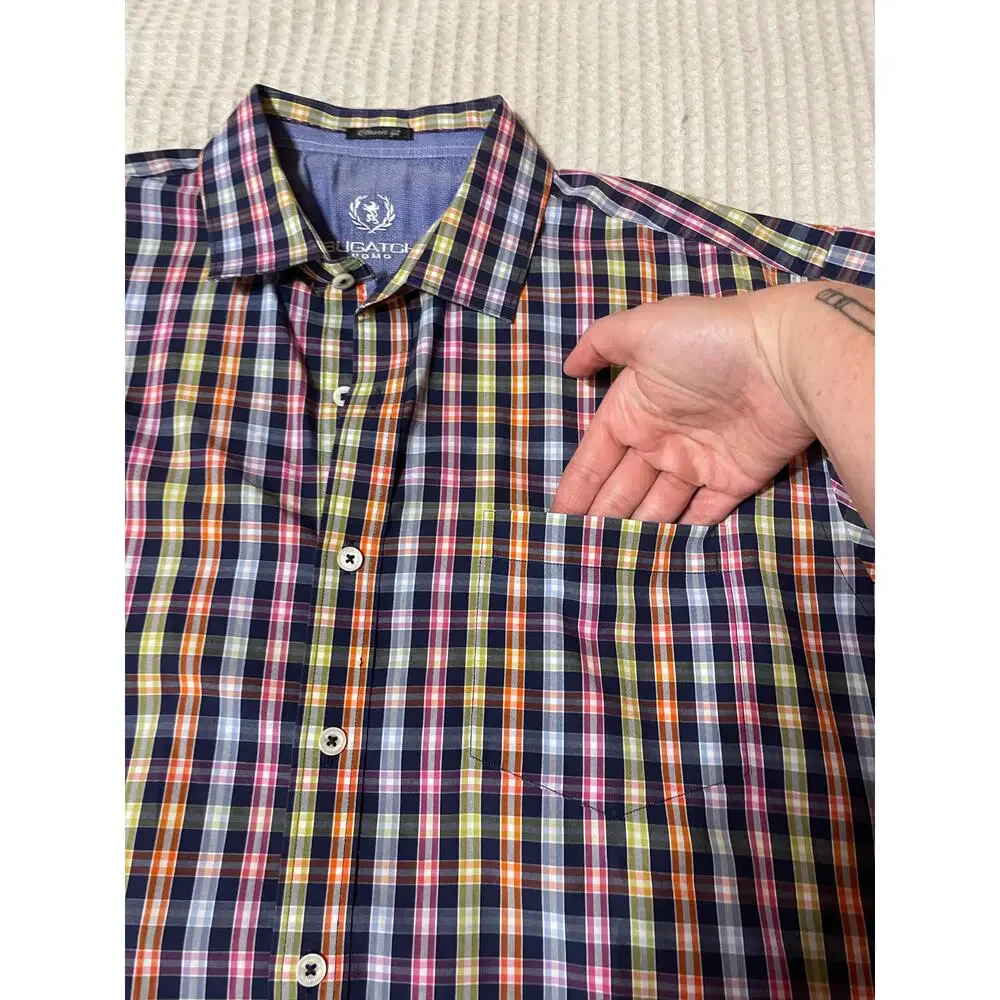 Bugatchi Men’s Casual Classic Fit Short Sleeve Multicolor Gingham Cotton Top XL - Picture 8 of 12